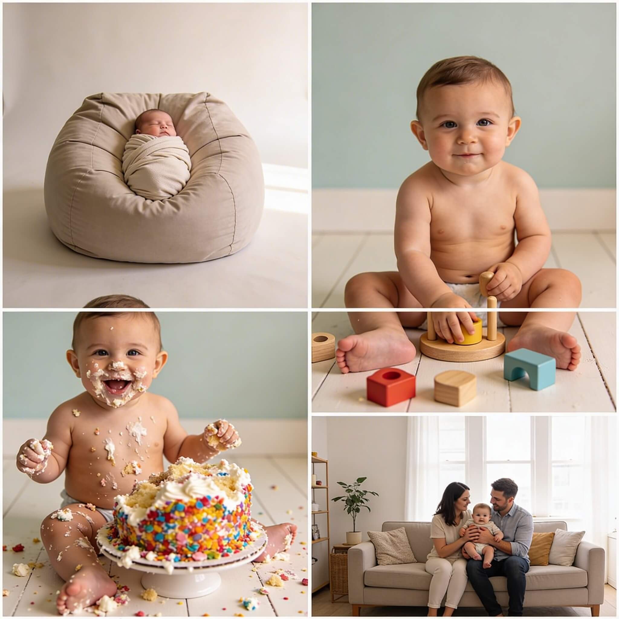 Composição em grelha mostrando cinco tipos de sessões fotográficas de bebé: posing de recém-nascido num pufe, bebé de 6 meses sentado, Smash the Cake, brinquedos e sessão de família lifestyle ao domicílio