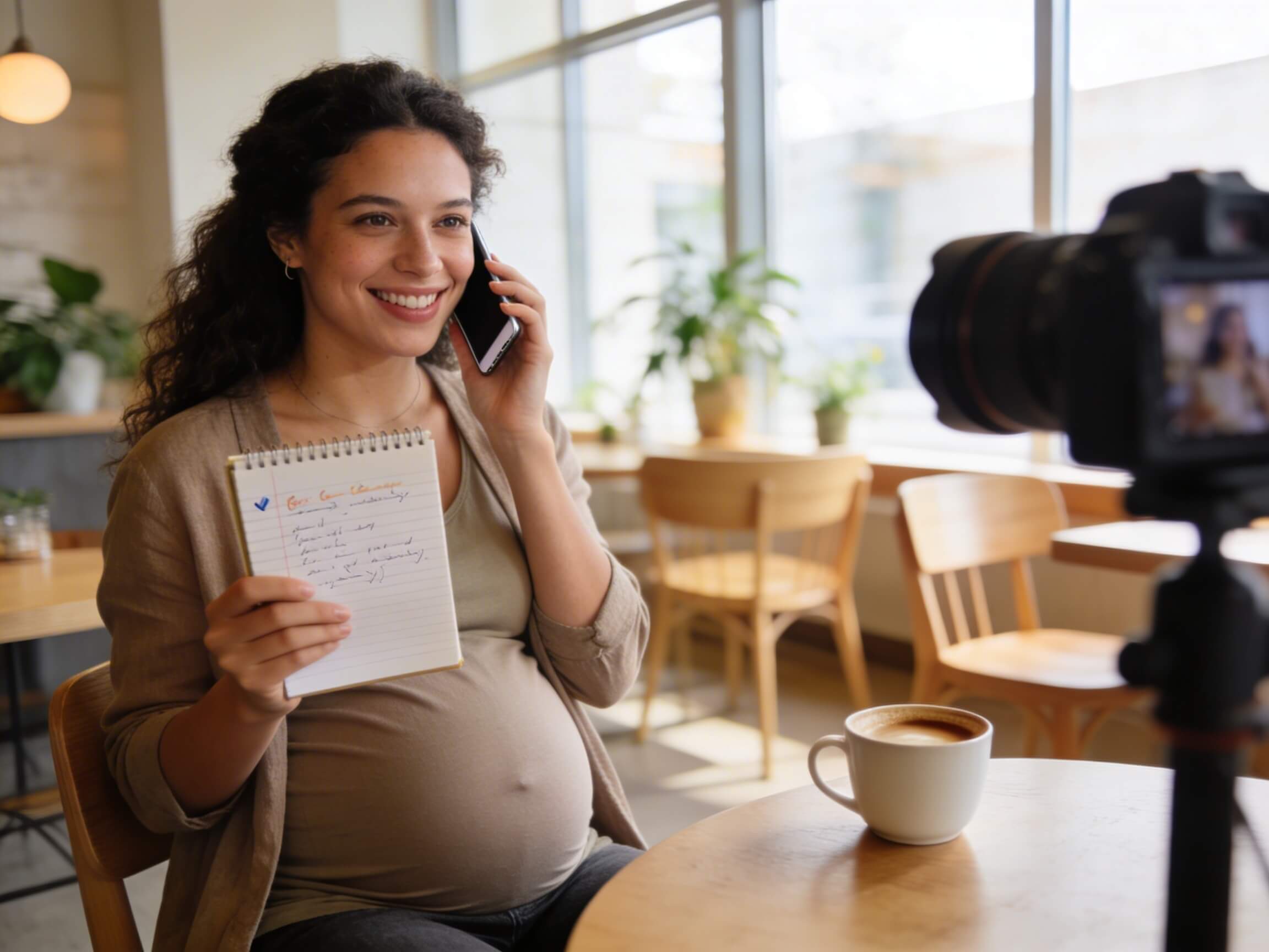 Futura mãe grávida a sorrir em conversa telefónica com um caderno de notas na mão, ilustrando a preparação da lista de perguntas a fazer antes de reservar uma sessão fotográfica de bebé