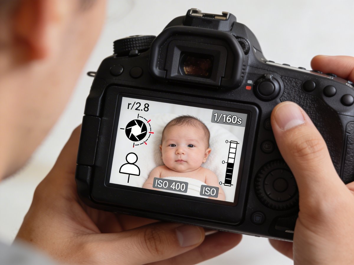 Ecrã de máquina fotográfica mostrando as definições recomendadas para fotografar um bebé
