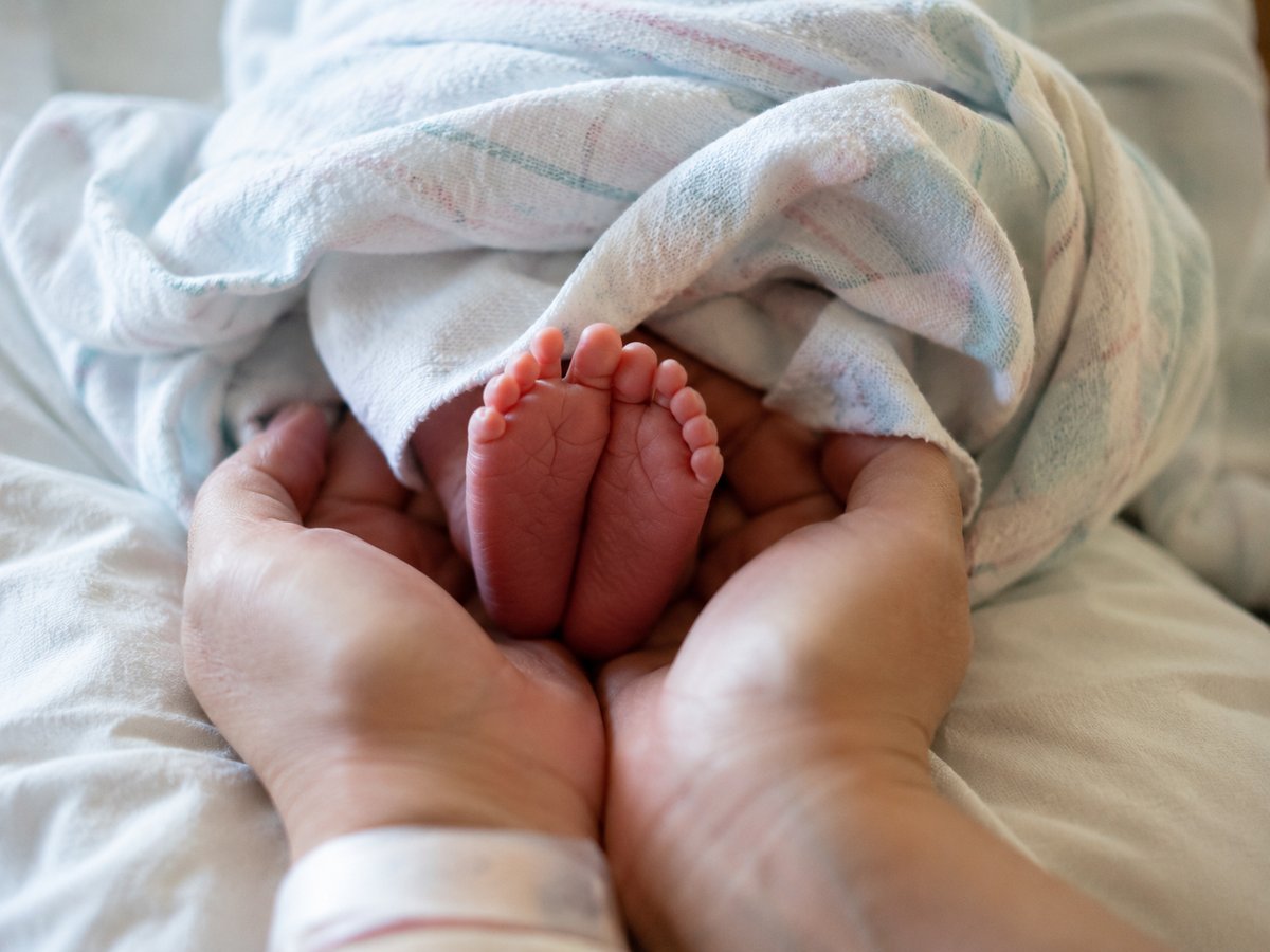 Grande plano das mãos e pés de um recém-nascido na maternidade, luz natural suave
