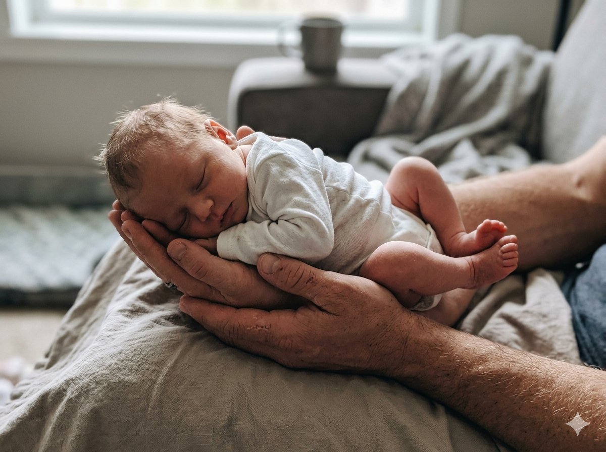 Mãe e pai segurando o recém-nascido no colo durante ensaio newborn em Portugal com luz natural suave