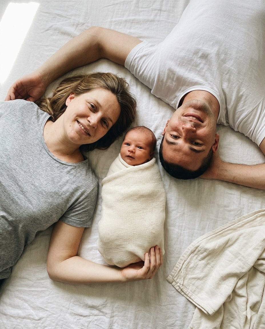 Pais deitados na cama com o recém-nascido, vistos de cima
