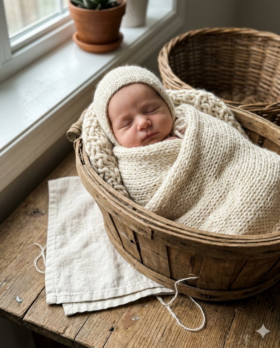 Bebé recém-nascido adormecido envolto num wrap de tricô creme, numa cesta de madeira com luz natural suave