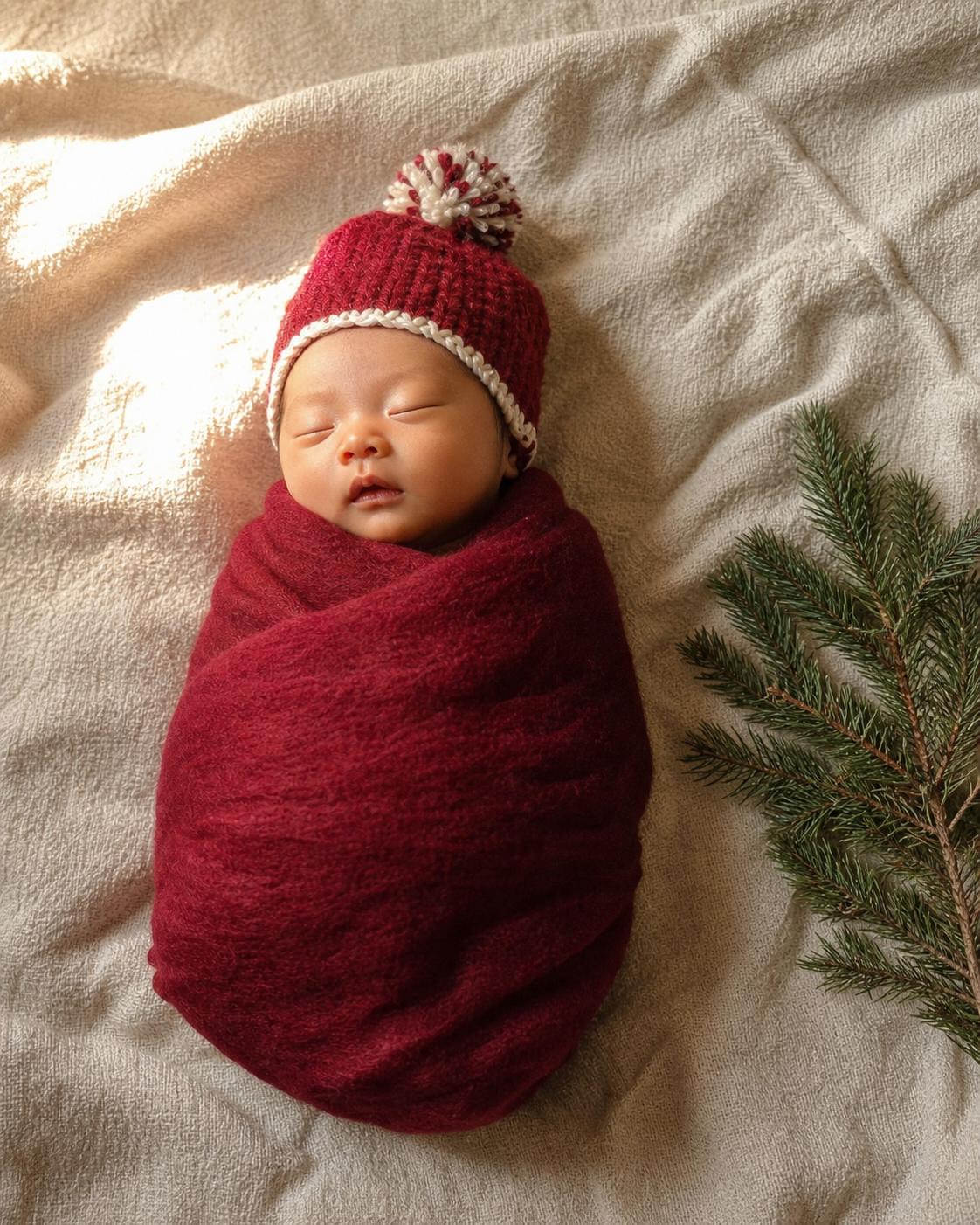 Bebé recém-nascido envolto num swaddle vermelho suave com um pequeno gorro de Pai Natal, estilo fotografia natalícia de recém-nascido