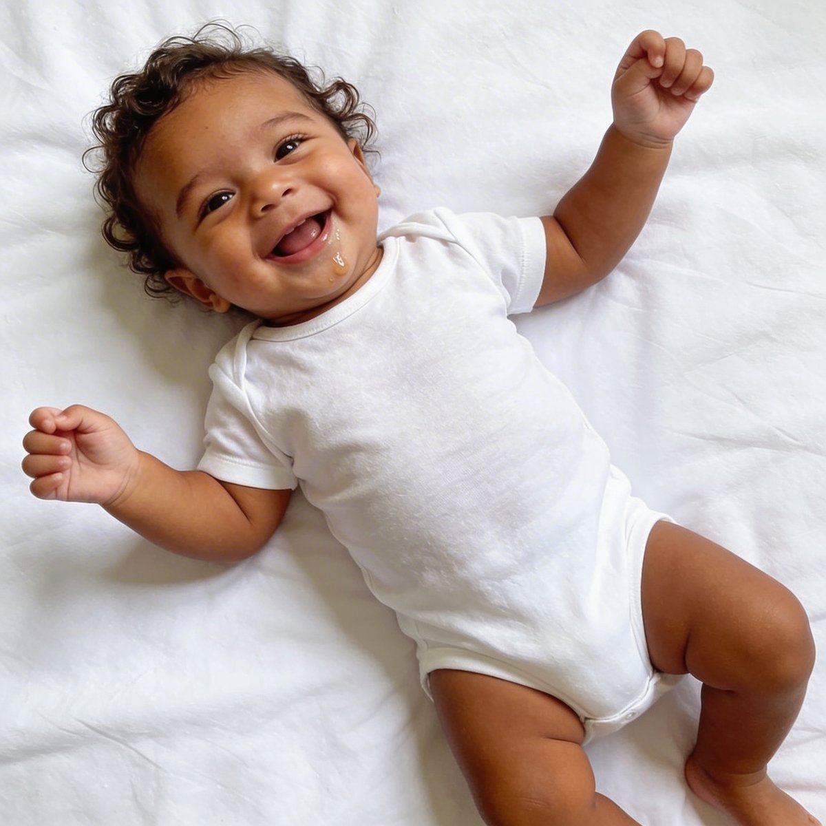 Bebé de 2-3 meses deitado de costas com um grande sorriso acordado