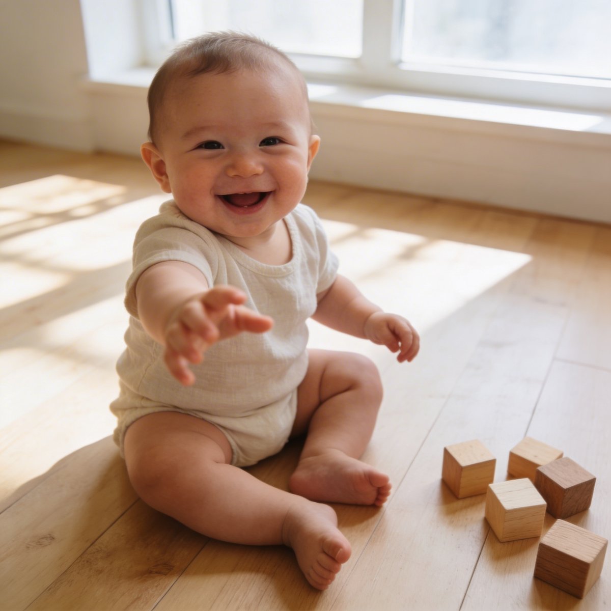 Bebé de 6-9 meses sentado de forma autónoma com um grande sorriso durante uma sessão fotográfica