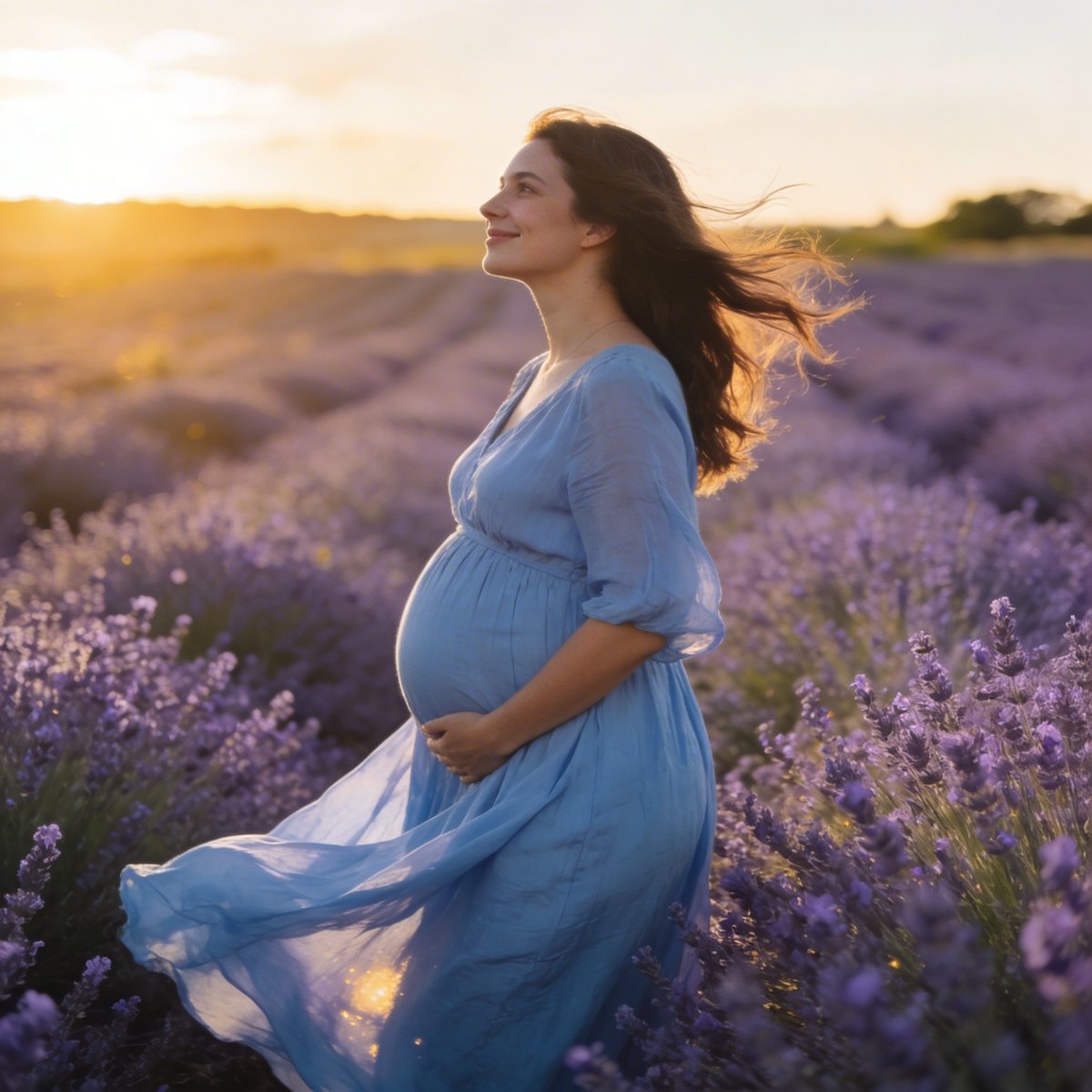 Futura mãe num campo de lavanda ao pôr do sol, luz suave e apaziguadora