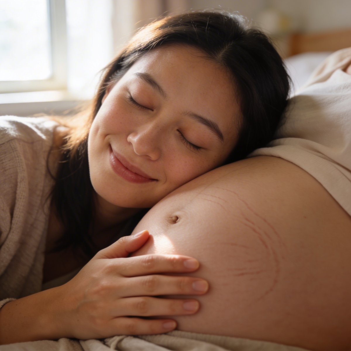 Futura mãe num momento íntimo e autêntico com luz natural suave