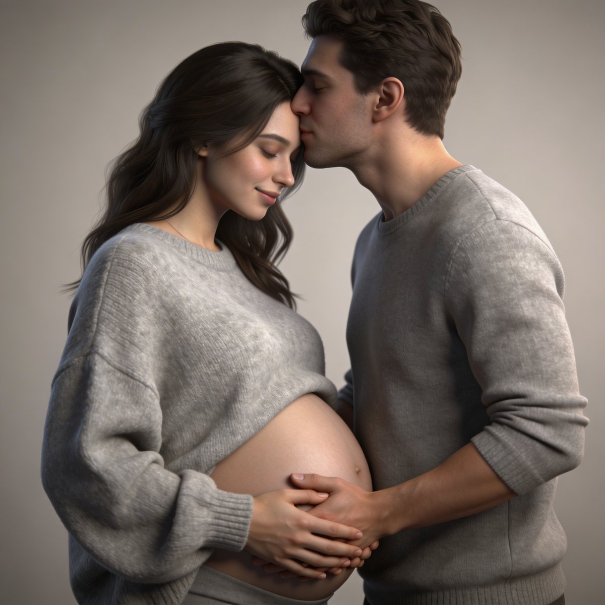 Diferentes posições clássicas para sessão fotográfica de gravidez: perfil, mãos na barriga, casal