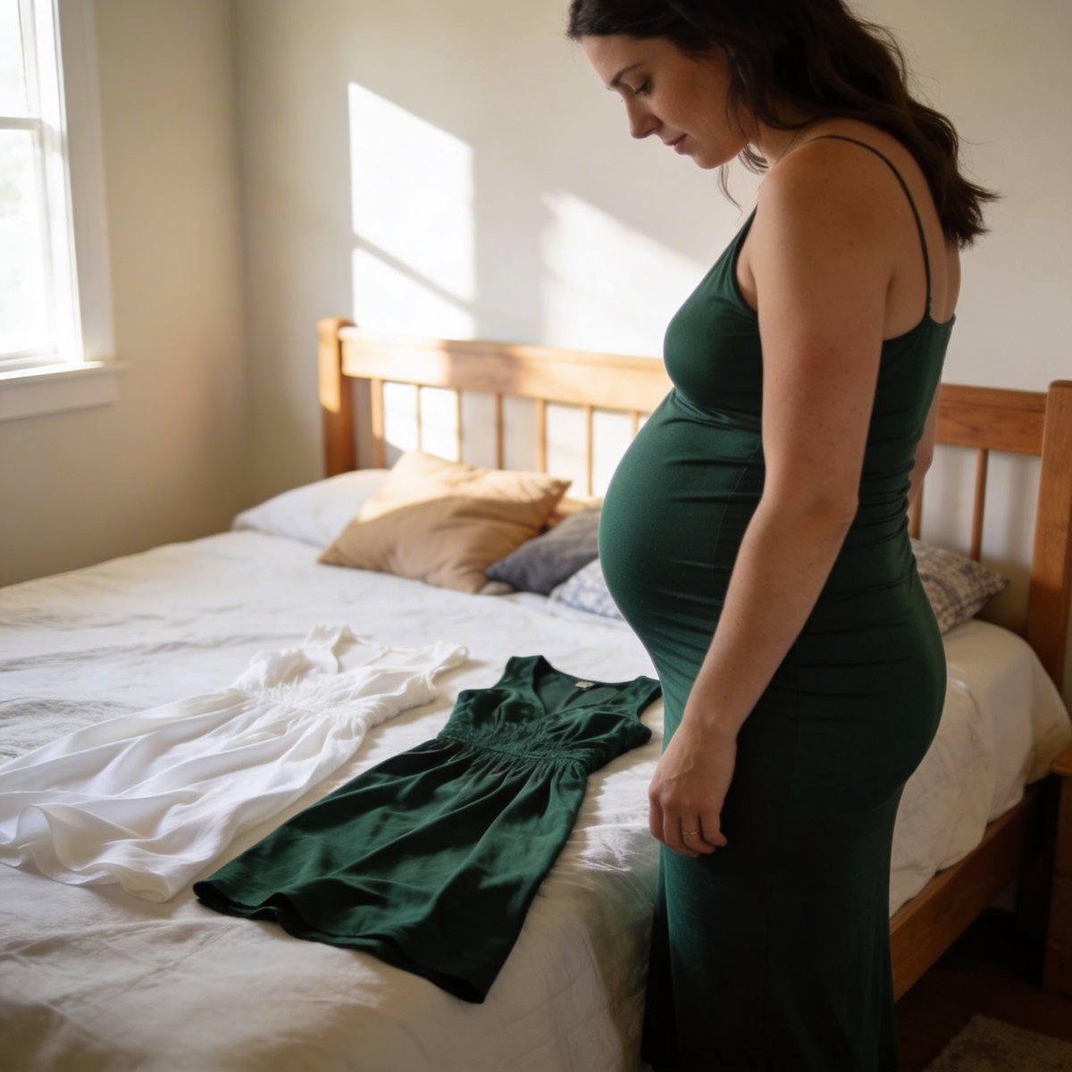 Futura mamã a preparar a sua sessão fotográfica de gravidez com vestuário e acessórios