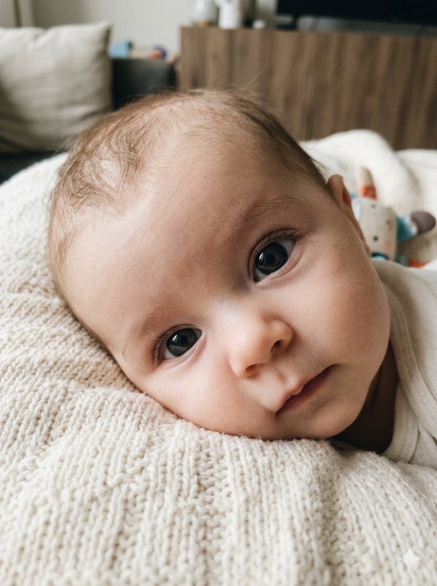 Bebé de 3 meses desperto de barriga para baixo, a levantar a cabeça durante uma sessão fotográfica lifestyle