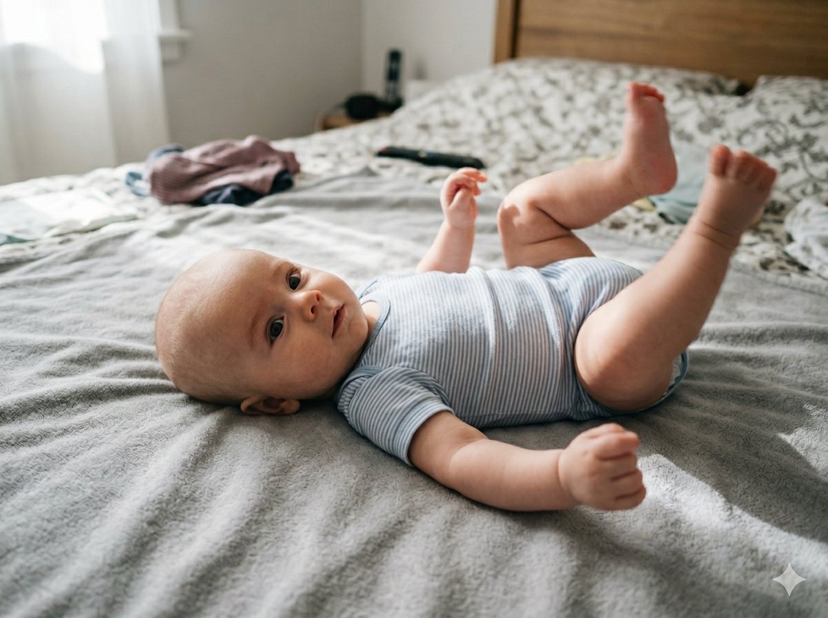 Grande plano do olhar expressivo de um bebé de 3 meses desperto durante uma sessão fotográfica