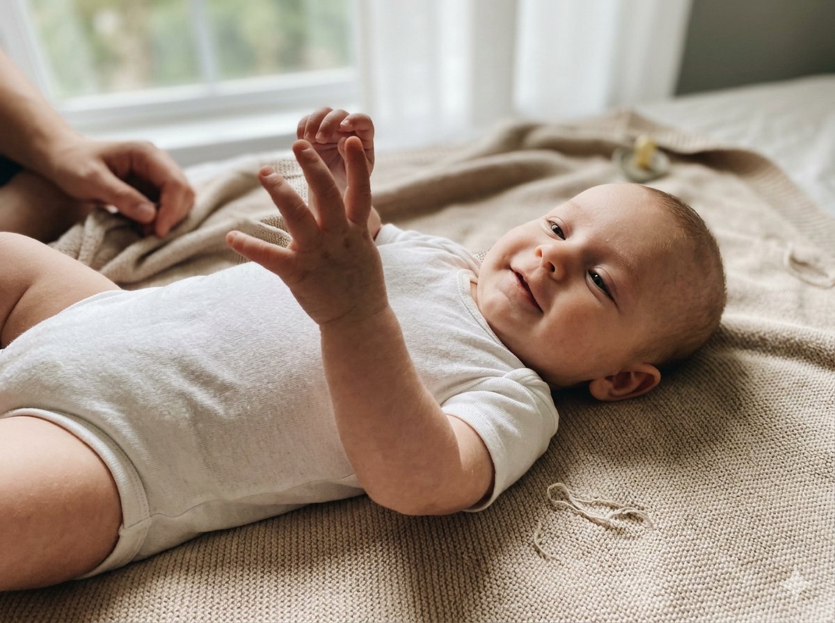Bebé de 3 meses a sorrir durante uma sessão fotográfica em estúdio com luz natural suave