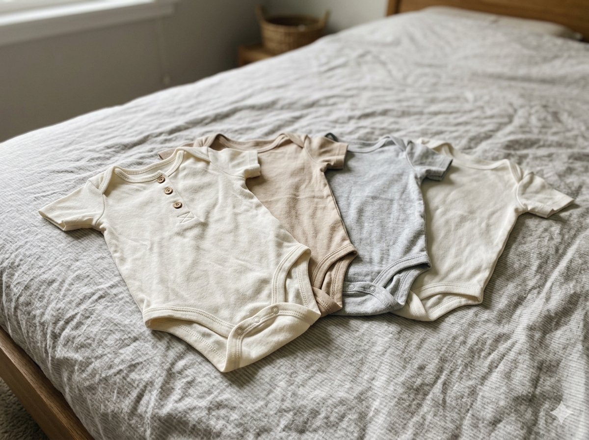 Seleção de roupas simples e neutras para sessão fotográfica bebé 3 meses dispostas numa mesa